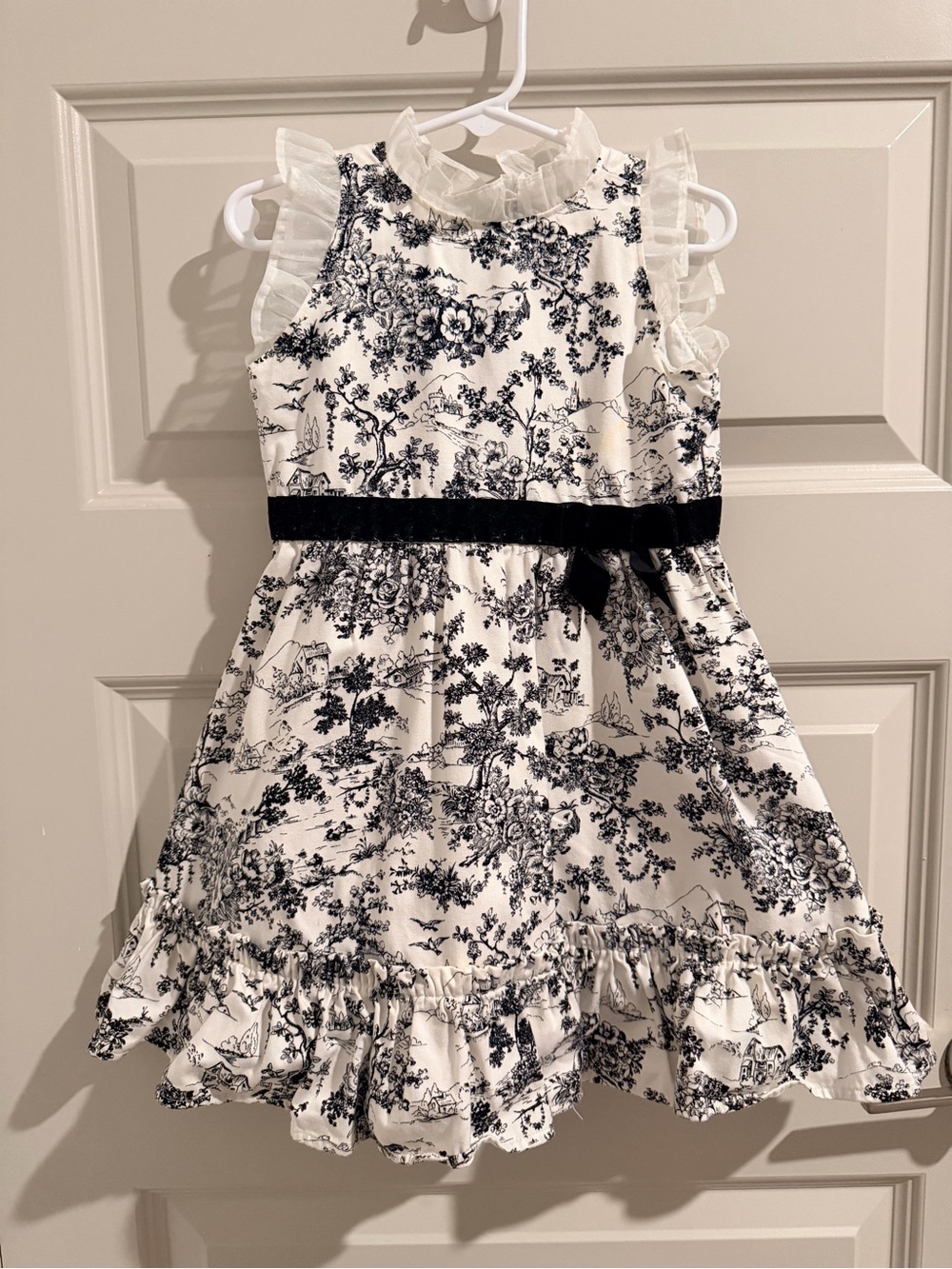 Janie and Jack Black and White Floral Ruffle Dress with Velvet Waistband